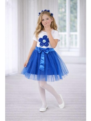 Dıgıl Kids Kız Çocuk Mavi Renkli Çiçek Desenli Tshirt Etek Takım