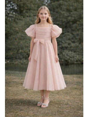 Tarz Çocuk Kız Çocuk Pudra Şifon Abiye Elbise – Balon Kollu, Fiyonklu Midi Boy (8-14 Yaş)