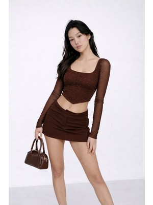 Cemo Kadın Transparan Kollu Taş Detaylı Kare Yaka Crop Bluz