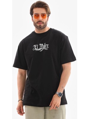 Glam Love Bisiklet Yaka Baskılı Oversize T-Shirt - Siyah -