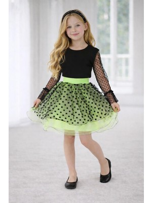Dıgıl Kids Kız Çocuk Yeşil Siyah Renkli Puantiyeli Etek Tshirt Takım
