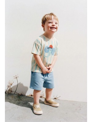 Magu Erkek Çocuk Pamuklu Bej Çizgili Fil Baskılı T-Shirt Şort Takım - Bağcıklı Rahat Set