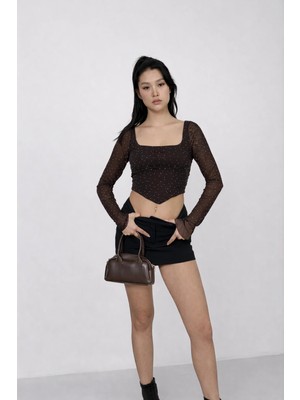 Cemo Kadın Transparan Kollu Taş Detaylı Kare Yaka Crop Bluz