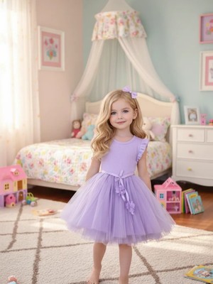 Kız Çocuk Lila Dğum Günü Prenses Şıkelbise