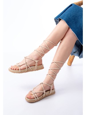 Zerenyus ZRİN-1001-1001 Premium Bej Bilekten Bağcıklı Kadın Sandalet