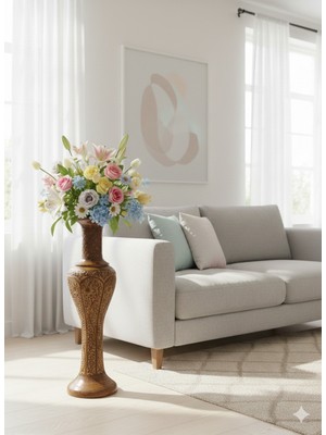 Özgürce 80 cm Uzun Masif Ahşap El Işlemeli Vazo, Şık Eskitme Tasarım