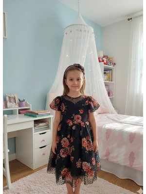 Retro Kız Çocuk Abiye Saç Aksesuarlı Özel Gün Doğum Günü Çiçekli Prenses Elbise