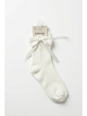 Katamino Kız Çocuk Fiyonlu Uzun Soket Çorap Krem