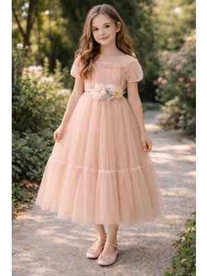 Tarz Çocuk Kız Çocuk Pudra Tüllü Abiye Elbise – Çiçek Kemerli, Kat Kat Prenses Model (5-9 Yaş)
