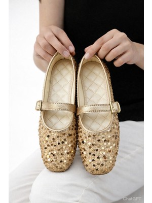 Redtan Kadın Altın Pullu Tokalı Babet Modern Tasarım Günlük Ayakkabı