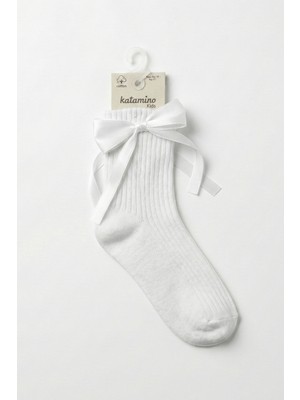 Katamino Kız Çocuk Fiyonlu Uzun Soket Çorap Beyaz