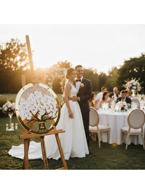 Evlilik Sepetim Düğün-Nişan- Misafir Hatıra Anı Kutusu-Defteri Gold Yuvarlak 50 cm Çapında Şeffaf Pleksi Şövale ve Kalem Hediyeli