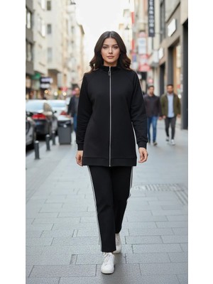 Nuss 1092 Şerit Desenli Pantolonlu Takım - Siyah