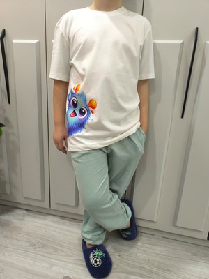 Pidal Giyim Sevimli Renkli Canavar Baskılı Pamuklu Yumuşak Dokulu Kısa Kollu Unisex Çocuk Eşofman Takımı