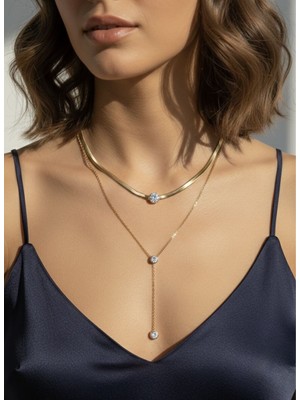 Meneva Aksesuar Çift Sıralı Baget Zirkon Taşlı Çelik Kolye