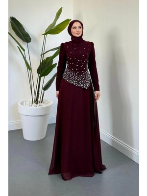 Merven Akyüz Liyana Üstü Taşlı Asimetrik Kesim Abiye Vişne Çürüğü