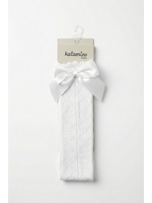 Katamino Kız Çocuk Fiyonlu File Diz Altı Okul Çorabı Beyaz