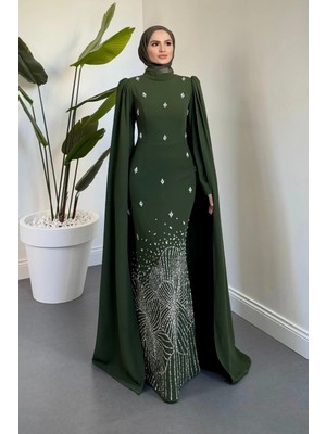 Merven Akyüz Farah Kolları Pelerinli Abiye Haki