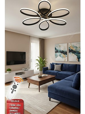 Ece Aydınlatma Luxor Oturma Odası Salon Yatak Odası Için Siyah Kasa 60 cm Kumandalı 3 Renk Kumandalı LED Avize