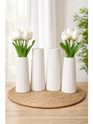 Özgürce 24 cm Büyük Boy Beyaz Dekoratif Vazo Seti, Yapay ve Kuru Çiçekli