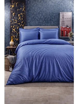 Vionetta Pamuk Saten İndigo Çizgili Otel Serisi Lastikli Çarşaflı Tek Kişilik Nevresim Takımı
