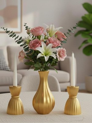Özgürce Şık Metalik Altın Renk Dekoratif Vazo ve Şamdan Seti