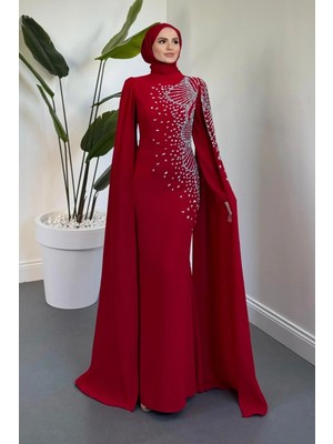 Merven Akyüz Carla Yandan Taşlı Abiye Kırmızı