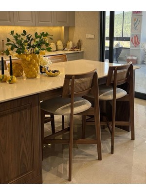 Silla Concept 2'li Zion Bar Sandalyesi Teddy Krem Kumaş Hasırlı Ceviz Ahşap Ada Sandalyesi (2 Adet)
