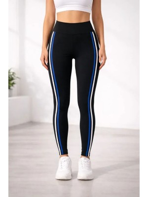 paris store Likralı Yan Beyaz Mavi Şeritli Detaylı Tayt - Siyah