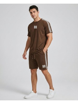 Risil-Nu Company Yeni Sezon Çizgi Baskılı Premium Penye Kumaş Yanları Şeritli Bisiklet Yaka T-Shirt- Şort 2'li Takım