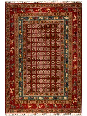 Çam Halı Sultani 823 Kırmızı Yün ve Bambu ile Özel Tezgahlarda Üretilen Otantik Desenli El Emeği Modern Uşak Halısı