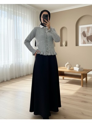 Modamorfo Düğmeli Önü ve Eteği Fırfırlı Hırka -Gri