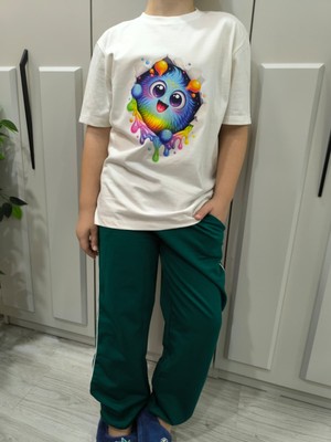 Pidal Giyim Sürpriz Canavar Temalı Renkli Baskılı Pamuklu Yumuşak Dokulu Kısa Kollu Unisex Çocuk Eşofman Takımı