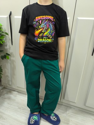 Pidal Giyim Ejderha Temalı Neon Baskılı Pamuklu Yumuşak Dokulu Kısa Kollu Erkek Çocuk Eşofman Takımı