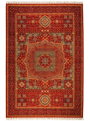 Çam Halı Sultani 822 Kırmızı Yün ve Bambu ile Özel Tezgahlarda Üretilen Otantik Desenli El Emeği Modern Uşak Halısı