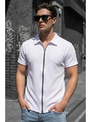 Oksit Qui Fermuar Detaylı Kısa Kollu Dokulu Örme Gömlek Ceket (Polo Yaka)