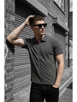 Oksit Qui Fermuar Detaylı Kısa Kollu Dokulu Örme Gömlek Ceket (Polo Yaka)