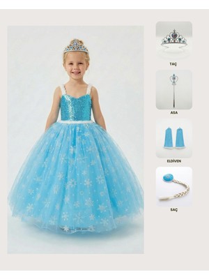 Butik Happy Kids Prenses Elsa Askılı Elsa Kostüm Taç Asa Saç Eldiven 1-12 Yaş