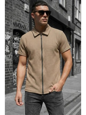 Oksit Qui Fermuar Detaylı Kısa Kollu Dokulu Örme Gömlek Ceket (Polo Yaka)