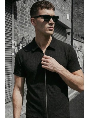 Oksit Qui Fermuar Detaylı Kısa Kollu Dokulu Örme Gömlek Ceket (Polo Yaka)