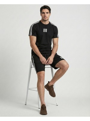 Risil-Nu Company Yeni Sezon Çizgi Baskılı Premium Penye Kumaş Yanları Şeritli Bisiklet Yaka T-Shirt- Şort 2'li Takım