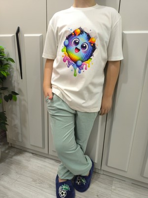 Pidal Giyim Sürpriz Canavar Baskılı Pamuklu Yumuşak Dokulu Kısa Kollu Unisex Çocuk Eşofman Takımı