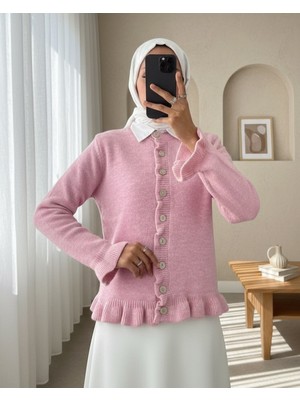 Modamorfo Düğmeli Önü ve Eteği Fırfırlı Hırka -Pembe