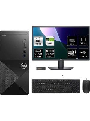 Dell Vostro 3030MT i5 14600 RTX 3050 Masaüstü Bilgisayar 64GB RAM 512GB SSD 27" FHD FreeDOS + Per4 USB N6014VDT3030MTP1093