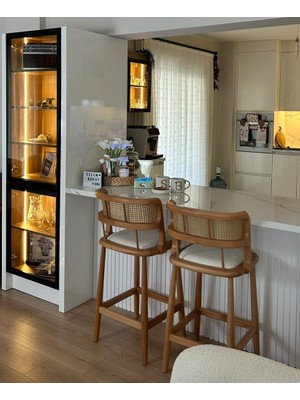 Silla Concept 2'li Odin Bar Sandalyesi Teddy Krem Kumaş Hasırlı Naturel Ahşap Ada Sandalye (2 Adet)