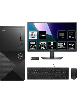 Dell Vostro 3030MT i5 14600 Masaüstü Bilgisayar 64GB RAM 512GB SSD 27" FHD Win11 Home + Per4 USB N6014VDT3030MTP993