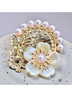 Rachel Silver Inci Taşlı Altın Renk Zirkon Taşlı Kelebek Çiçek Broş