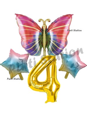 Parti Station Rengarenk Kelebek Konsept 4 Yaş Doğum Günü Balon Set Butterfly Bahar Tema Doğum Günü Balon