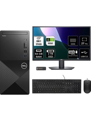Dell Vostro 3030MT Intel Core I7 12700 64GB 2tb SSD RTX3050/6GB 27" Fhd Monitör Fdos Masaüstü Bilgisayar & Per4 USB Bellek N6007VDT3030MTP1095