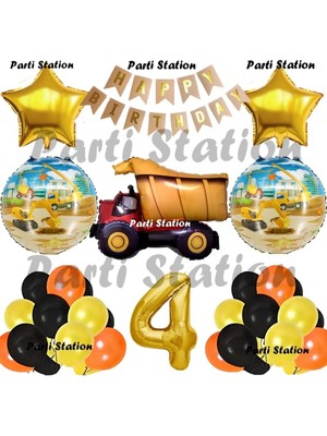 Parti Station Inşaat Konsept Kamyon Balon Set 4 Yaş Inşaat Tema Kamyon Doğum Günü Balon Set
